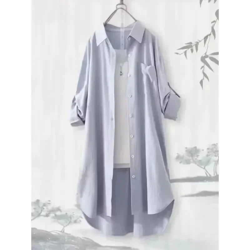 Plus Size Women Tops Blouses Loose Breathable Midi clothing Korean Casual Shirts Women Simple Solid Female Long Sleeved Blouses
