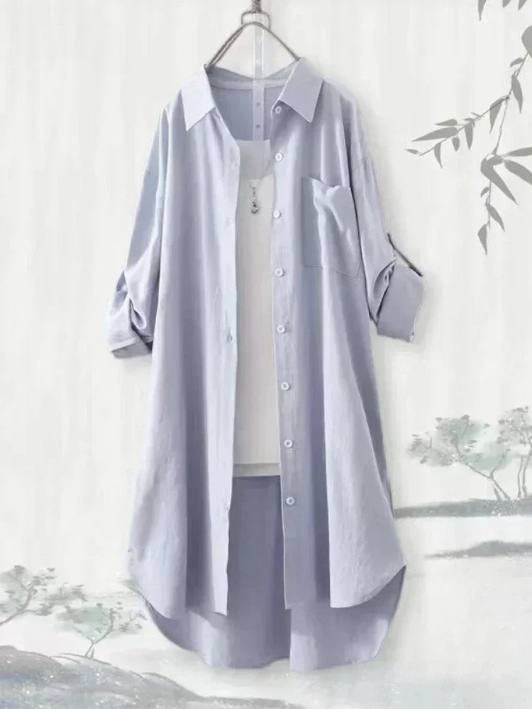 Plus Size Women Tops Blouses Loose Breathable Midi clothing Korean Casual Shirts Women Simple Solid Female Long Sleeved Blouses
