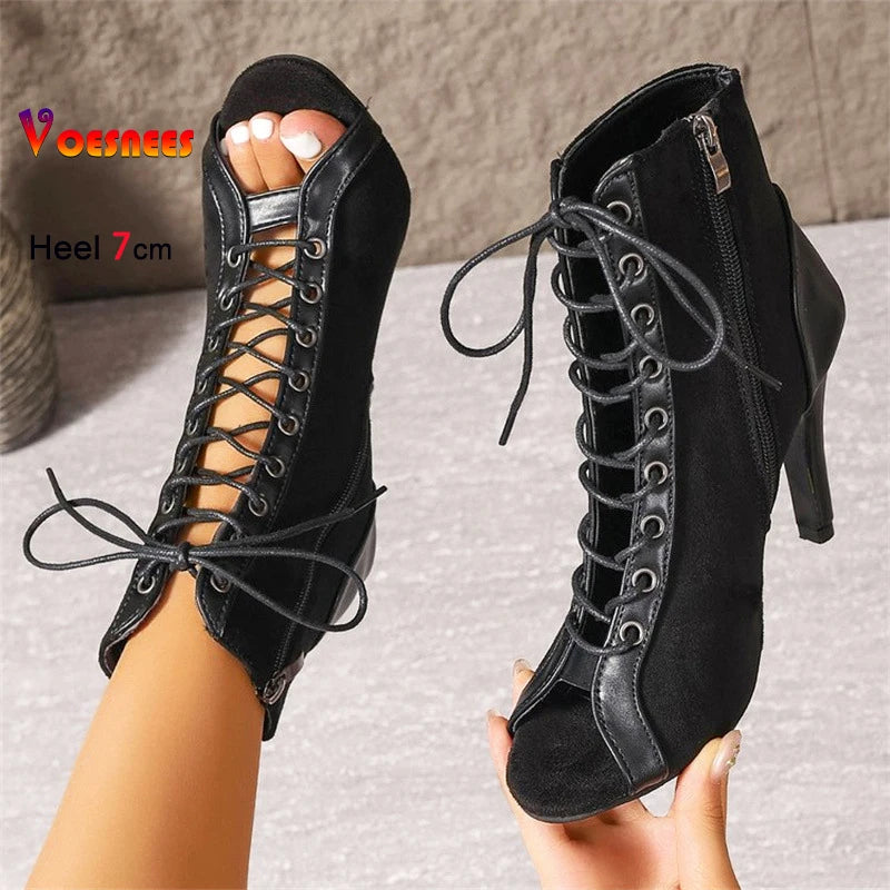 Jazz Latin Dance Boots Women's 5CM 7CM 10CM Thin High Heels 2025 New Plus Size Summer Black Lace-up Sexy Short Boots For Woman