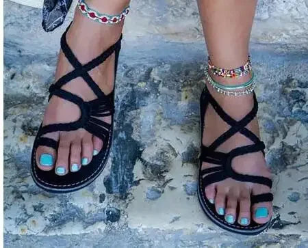 Large Size Rope Knot Summer Beach Flat Bottom Sandals Women's Shoes Wish Flat Sandals Open Toe Rubber Sole Ankle Strap