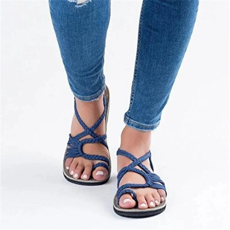 Large Size Rope Knot Summer Beach Flat Bottom Sandals Women's Shoes Wish Flat Sandals Open Toe Rubber Sole Ankle Strap