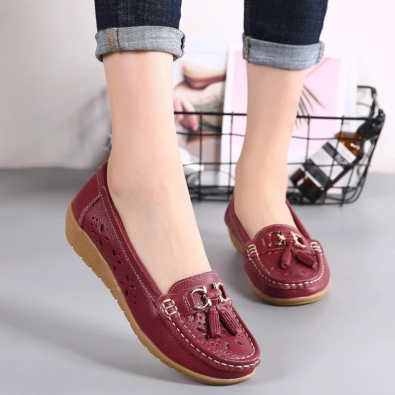 Women Wedge Flats Genuine Leather Slip On Loafers Moccasins Casual Shoes Luxury Brand Designs Big Size 41 42 43