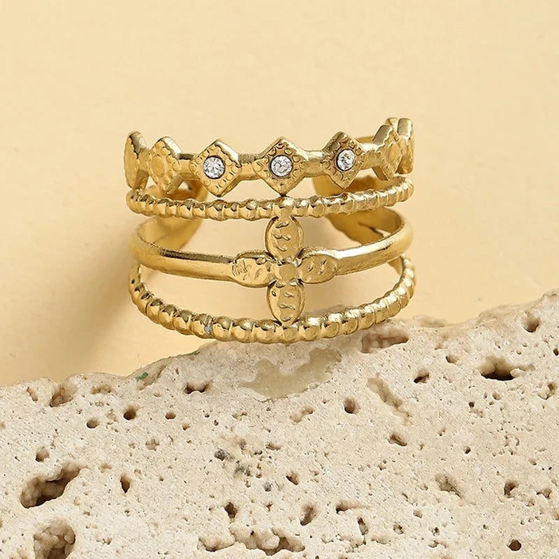 Geometric Zircon Rings For Women Gold Color Stainless Steel Flower Heart Hollow Multilayer Adjustable Open Rings Jewelry Gifts