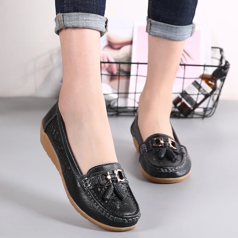 Women Wedge Flats Genuine Leather Slip On Loafers Moccasins Casual Shoes Luxury Brand Designs Big Size 41 42 43