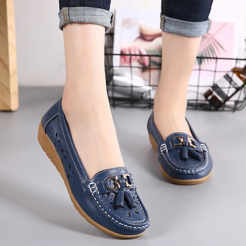 Women Wedge Flats Genuine Leather Slip On Loafers Moccasins Casual Shoes Luxury Brand Designs Big Size 41 42 43