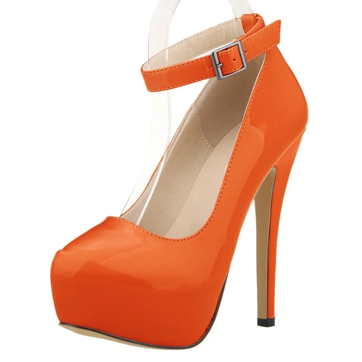 New Women Pumps 14cm Sexy Concise Buckle Supper High Heels Fashion Ankle Strap  Patent Leather Red Wedding Shoes Plus Size