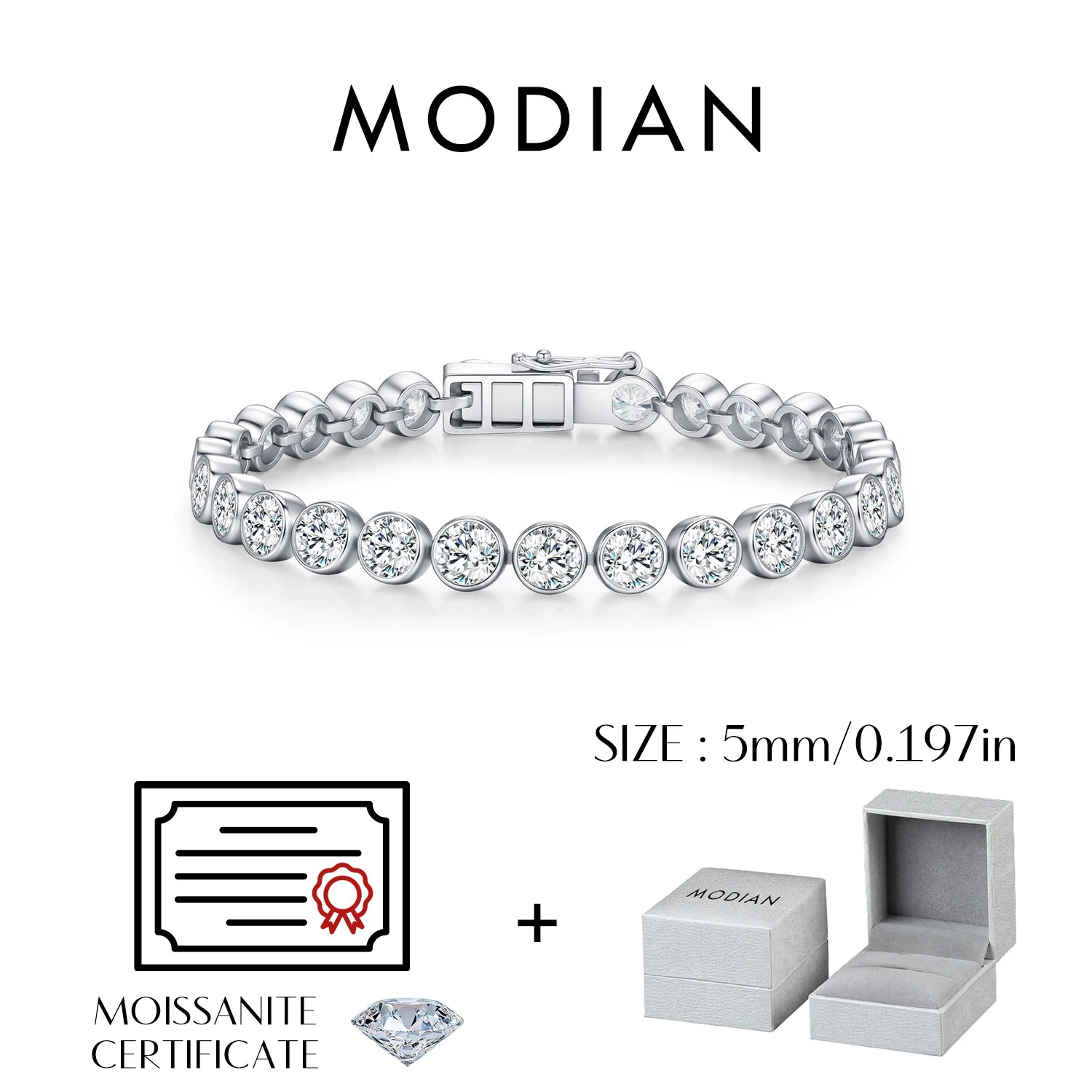 MODIAN D VVS1 Round Moissanite Tennis Bracelet 3mm/4mm/5mm 925 Sterling Silver Tennis Stackable Bracelets for Women Men Jewelry