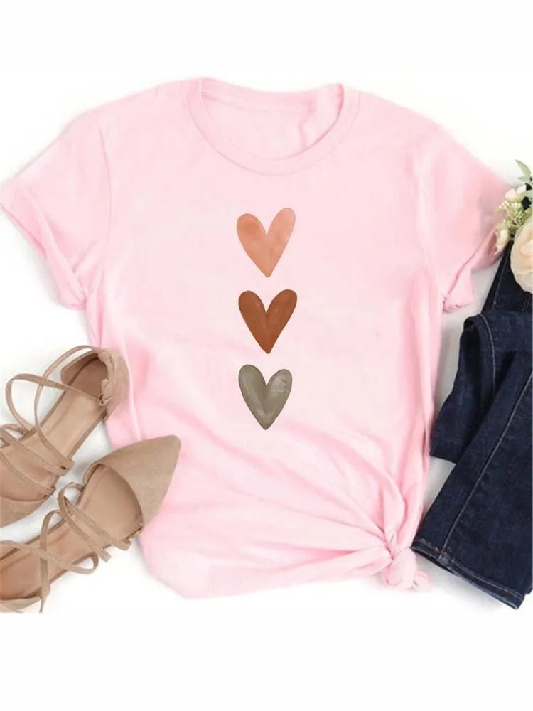 Fashion Funny Love Heart T Shirts Casual Round Neck Women's Clothing Summer Short Sleeve Graphic Female Tops Tees