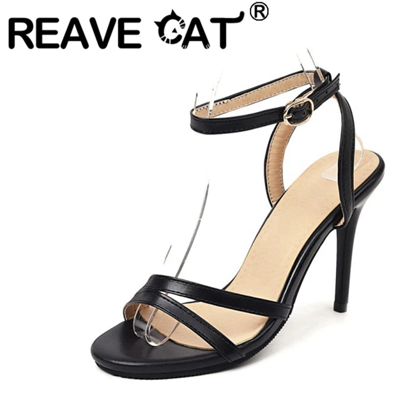 REAVE CAT Elegant Sandals Ankle Buckle Strap Narrow Open Toe 9.5cm Stiletto Heel Shoes US19 Black White A4245