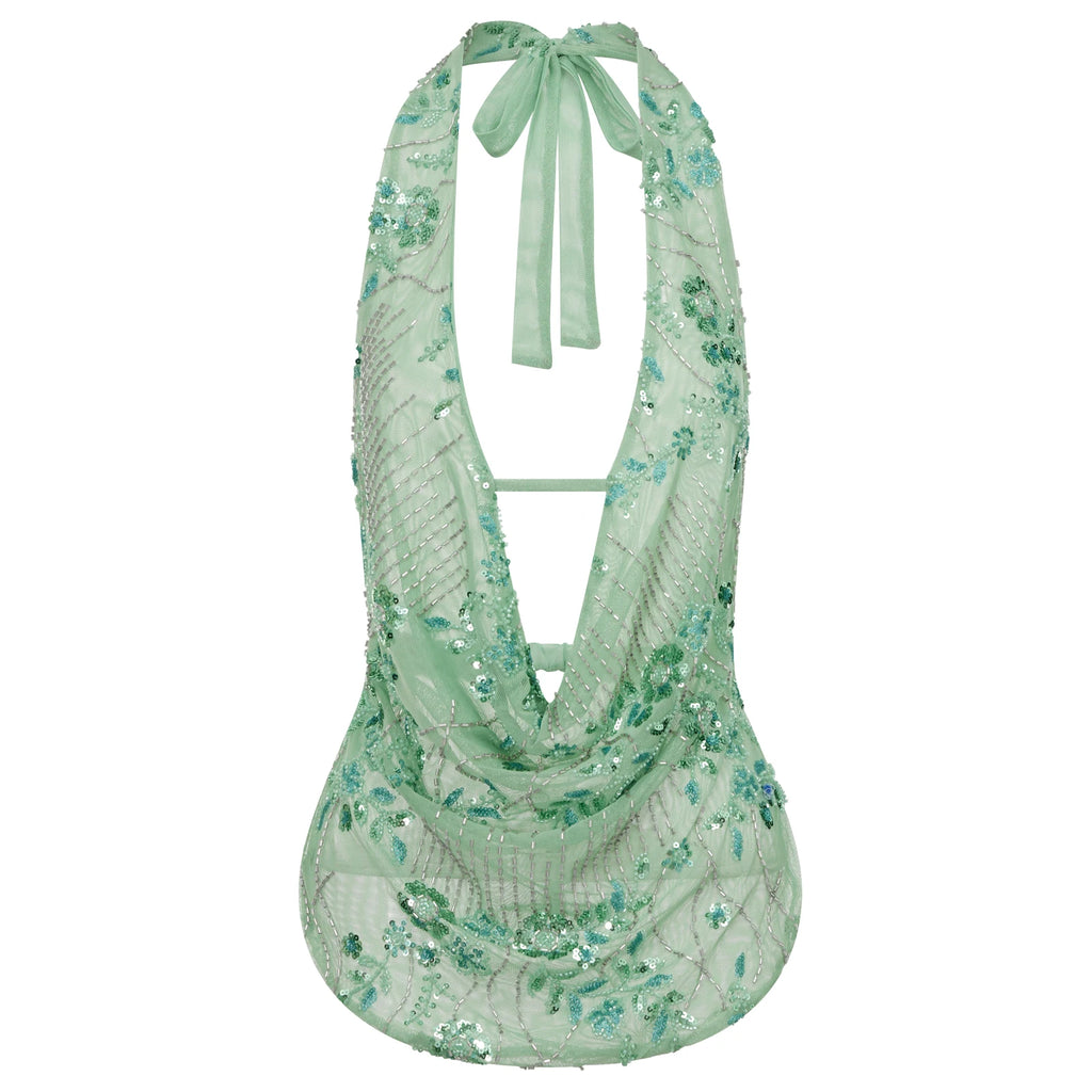 Combhasaki Women's Y2K Glitter Lace-up Halter Cowl Neck Sheer Vest Summer Sleeveless Open Back Flower Sequins Beaded Tank Tops