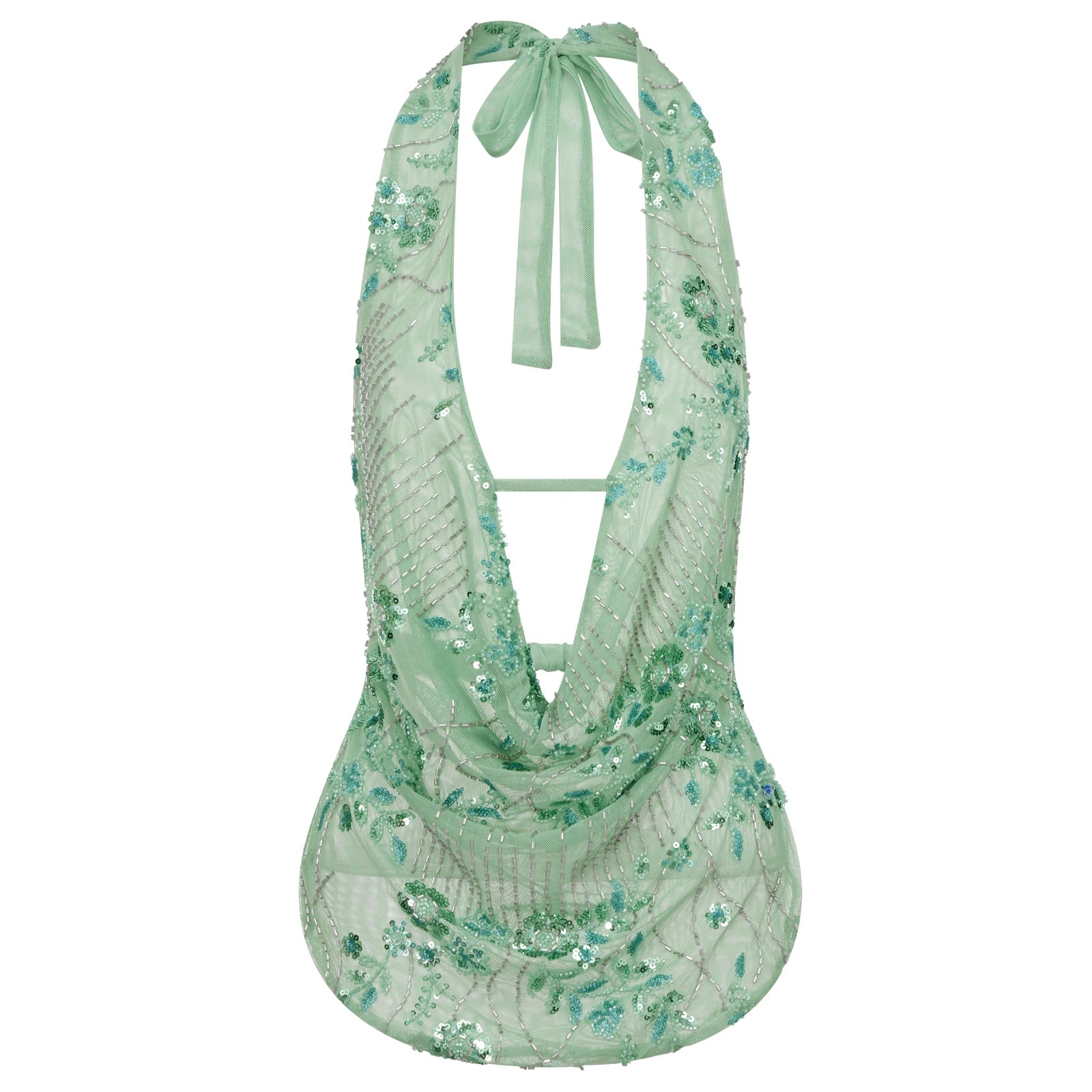Combhasaki Women's Y2K Glitter Lace-up Halter Cowl Neck Sheer Vest Summer Sleeveless Open Back Flower Sequins Beaded Tank Tops