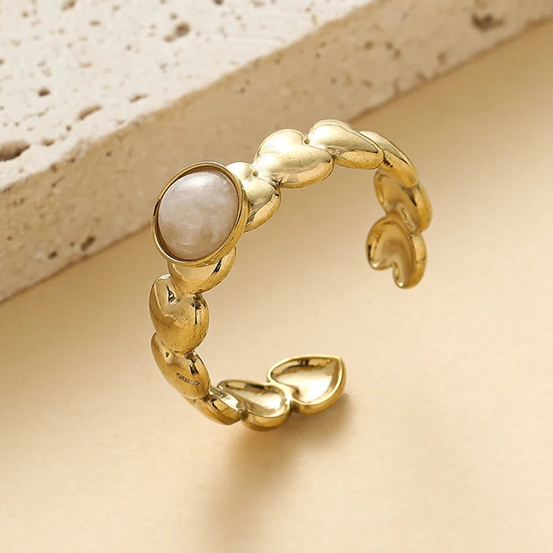 Geometric Zircon Rings For Women Gold Color Stainless Steel Flower Heart Hollow Multilayer Adjustable Open Rings Jewelry Gifts
