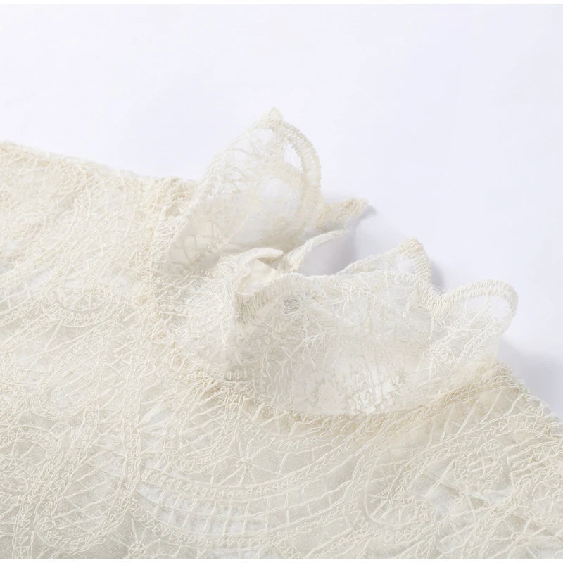 Lace Elegant Skirt Two Piece Set Women Turtleneck Hollow Out Lantern Sleeve Tops Irregular Hem Mini Skirt 2025 Chic Party Suit