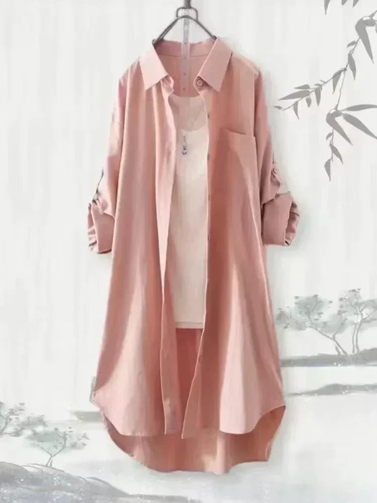Plus Size Women Tops Blouses Loose Breathable Midi clothing Korean Casual Shirts Women Simple Solid Female Long Sleeved Blouses