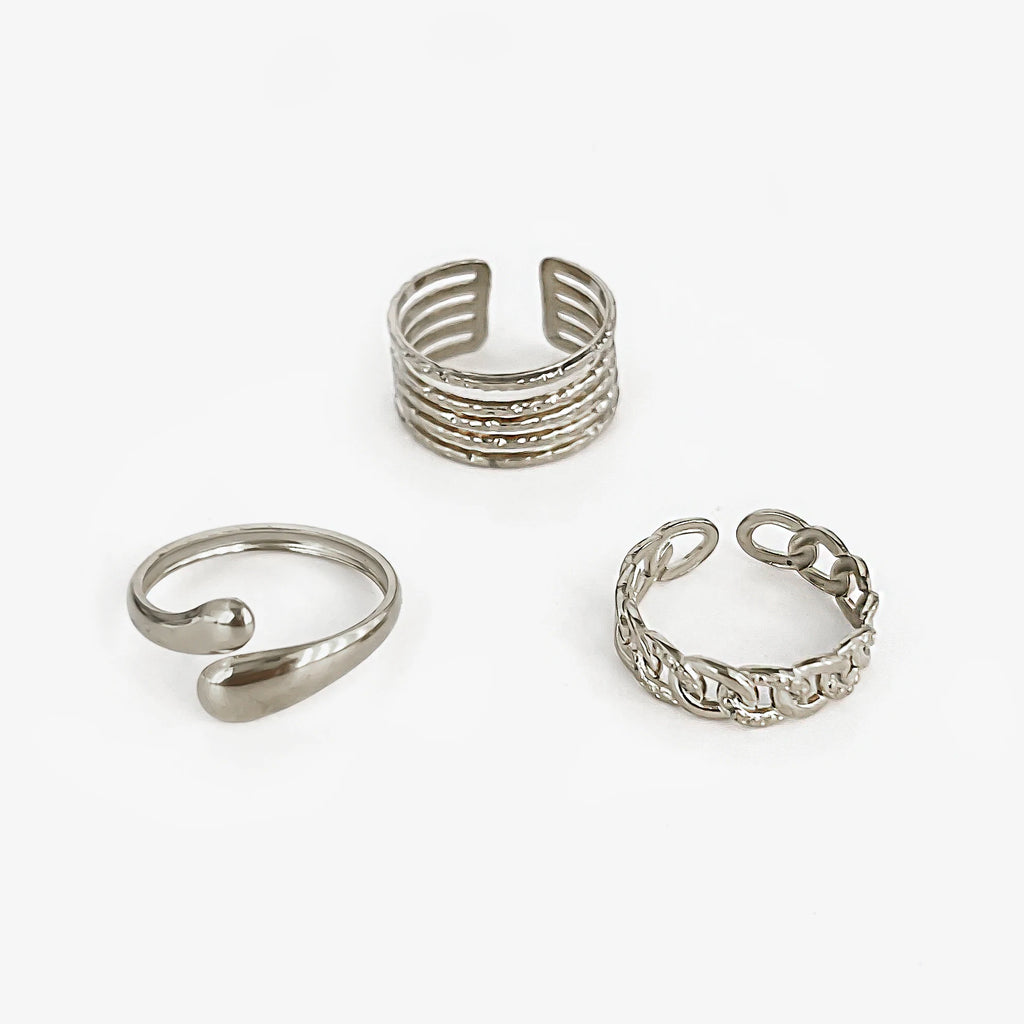 Peri'sbox 3pcs Stainless Steel Waterproof Women Rings Multi-layer Metal Texture Geometric Chain Open Ring Fashion Party Jewelry