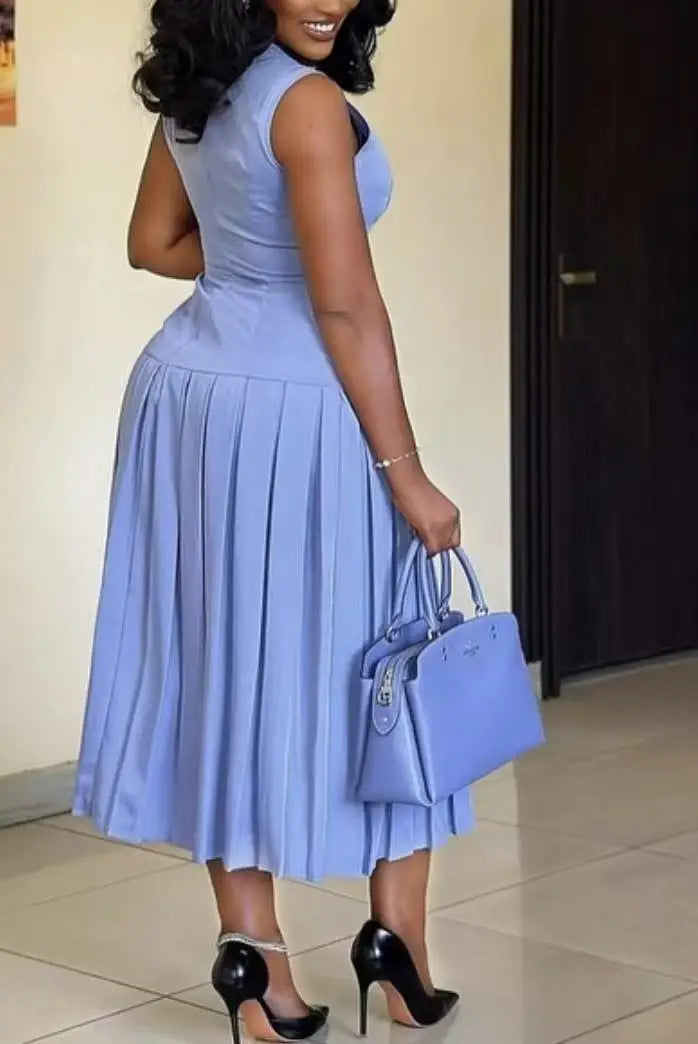 Women's Elegant Party Long Dress Summer Fashion Solid Color Sleeveless Slimming High Waist Pleated A-line Dress Ropa Para Mujer
