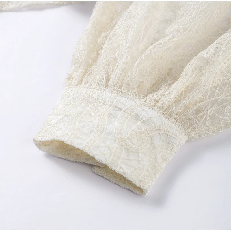 Lace Elegant Skirt Two Piece Set Women Turtleneck Hollow Out Lantern Sleeve Tops Irregular Hem Mini Skirt 2025 Chic Party Suit