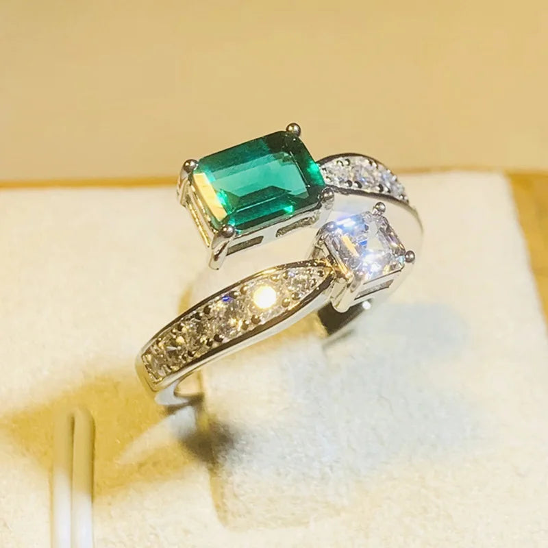 Huitan Stylish Adjustable Ring for Women Brilliant Green Zirconia Modern Style Accessories for Engagement Statement Jewelry Gift