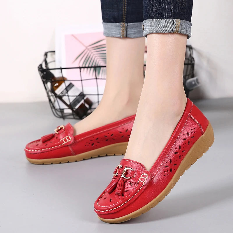 Women Wedge Flats Genuine Leather Slip On Loafers Moccasins Casual Shoes Luxury Brand Designs Big Size 41 42 43